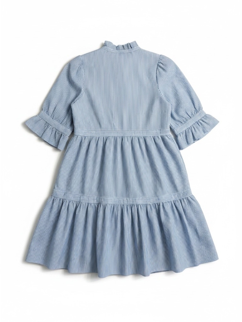 Gretchen Scott Teardrop Tiered Dress Light Blue Pinstripe Size Small - Picture 3 of 8